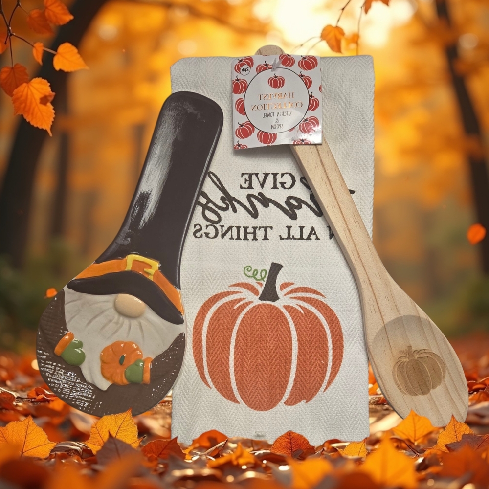 Fall Kitchen Towel, Wooden Spoon And Spoonrest Set